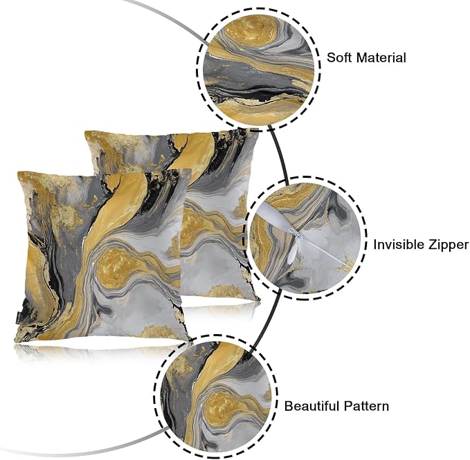 Swono Marble Pillow Covers, Abstract Splash Golden Black Ink Marble Decorative Pillow Case Home Sofa Cushion Set, Pillow Cushion Cases for Bed/Patio/Garden/Balcony, 2-Pack, 18x18 Inch