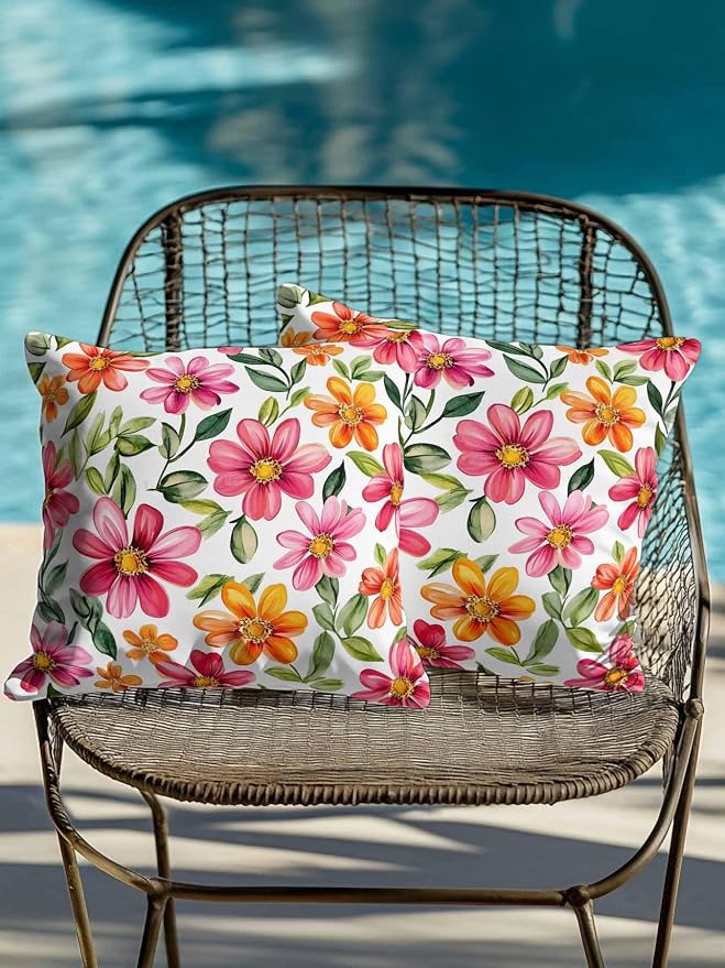 Outdoor Waterproof Throw Pillows Spring Watercolor Wild Flower Patio Pillows Pack of 2,Decorative Pillow Covers with Insert,Pillow Cushion Case for Garden Couch Sofa Country Small Pink Flower