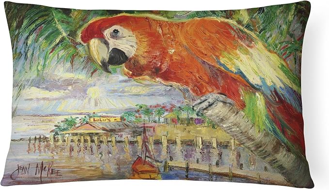 Caroline's Treasures JMK1134PW1216 Red Parrot at Lulu's Canvas Fabric Decorative Pillow Machine Washable, Indoor Outdoor Decorative Pillow for Couch, Bed or Patio, 12HX16W