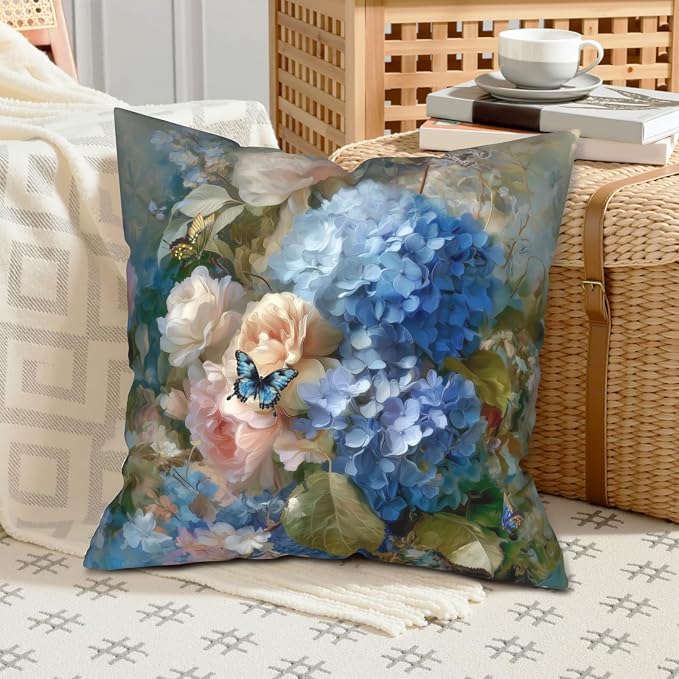 Vintage Rose Hydrangea Pillow Covers Oil Painting Floral Throw Pillow Covers Spring Summer Pillow Case 16x16 Blue Pink Flowers Cushion Case for Living Room Couch Sofa Set of 2
