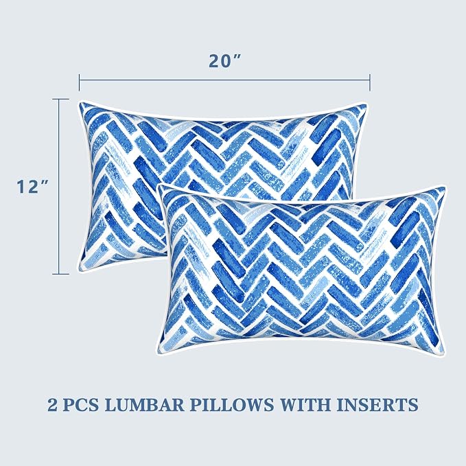 LVTXIII Set of 2 Outdoor Lumbar Pillows for Patio Furniture with White Piping, 12"x20" Fade Resistant Patio Lumbar Pillows with Inserts for Home Coach Sofa Use, Blue Bricks