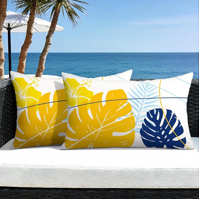 OTOSTAR Outdoor Waterproof Throw Pillow Covers 12x20 Inch Set of 2 Double-Sided Yellow Blue Tropical Leaf and Flower Spring Summer Decorative Pillow Cases for Patio Funiture Garden Tent Balcony Couch