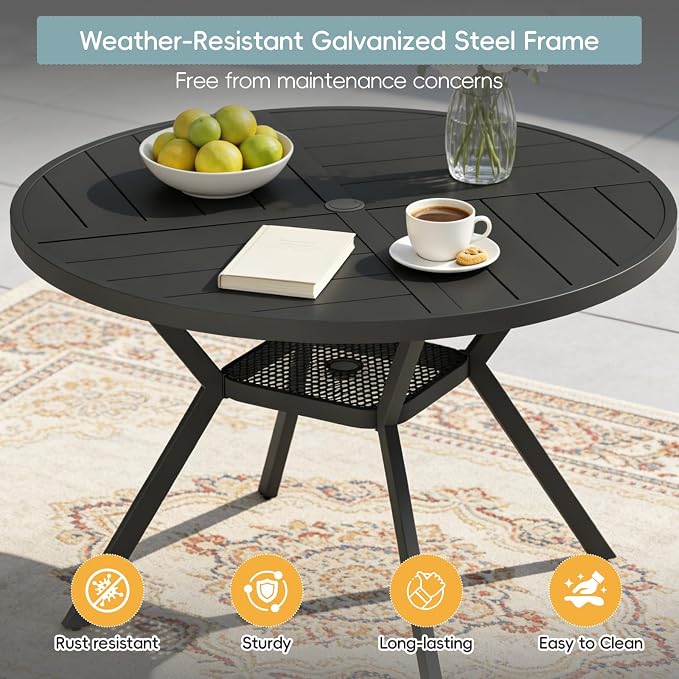 47" Outdoor Patio Table Dining Table All Weather Metal Round Patio Dining Table with Adjustable Umbrella Hole Patio Furniture for Lawn Garden Backyard, Black