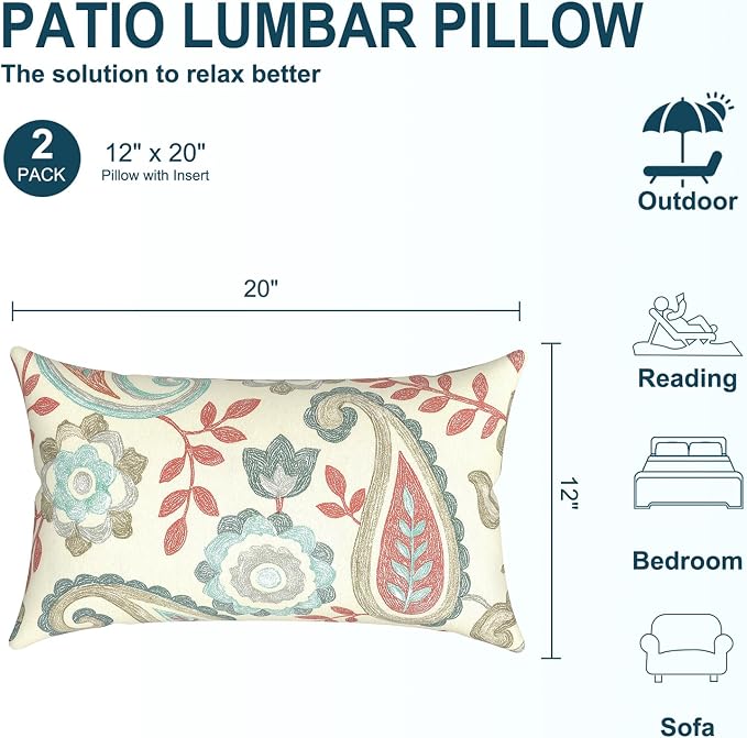 DYTXIII Pack of 2 Waterproof Outdoor Lumbar Pillow with Inserts, 12x20 in Rectangle Decorative Patio Throw Pillow for Home, Sofa,Bench and Patio Furniture, Paisley Vintage