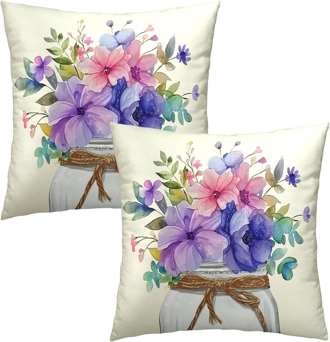 Watercolor Floral Pillow Covers 22x22 Inch Set of 2- Colorful Blue Purple Botanical Flower Decorative Throw Pillowcase Soft Cushion Cover for Sofa Couch Bed Patio Living Room