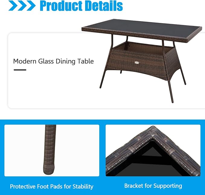 HAPPYGRILL 5-Pieces Patio Dining Set Outdoor Rattan Wicker Table and Chair Set with Glass Tabletop, Modern Dining Furniture Set with Cushioned Chairs for Backyard Porch Dining Room Kitchen