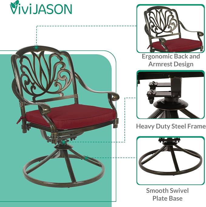 VIVIJASON 9-Piece Outdoor Furniture Dining Set for 8, Cast Aluminum Patio Table and Chairs Set with 6 Stationary Chairs, 2 Swivel Rocker Chairs, 64" Large Square Dining Table, Umbrella Hole, Red