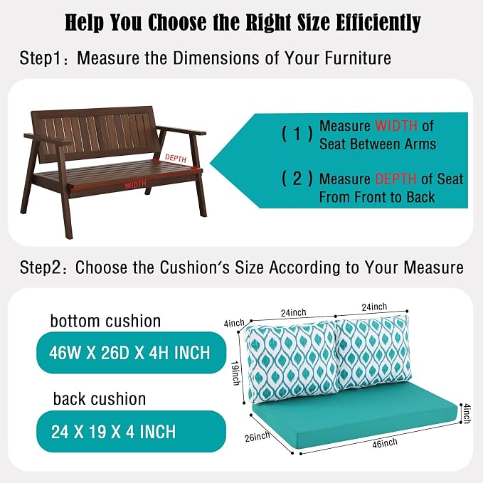 Outdoor Loveseat Cushions for Patio Furniture, Waterproof Cushion | Couch Hampton Bay Deep Seat Cushion Replacement Set 46" x 26", Patio Love Seat Sofa Cushions for Porch Garden Chair, Blue