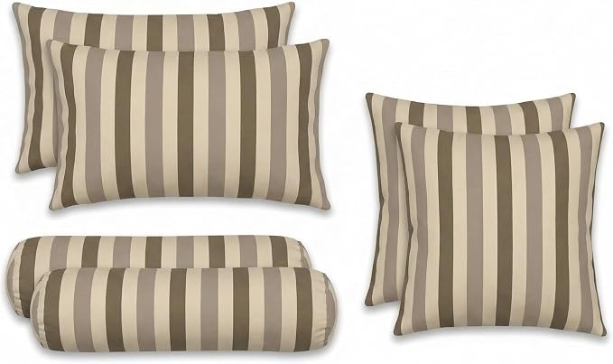 RSH DECOR: 6-Pack Pillow Set | Sunbrella Performance Fabric |Water & Fade-Resistant| 17" Square, 20"x12" Lumbar, 20"x6" Neck Roll | Outdoor Pillows for Patio Furniture | Made in USA (Portico Sparrow)