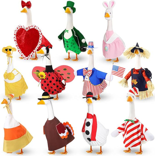 11 Set Holiday Porch Goose Outfits All Seasons Goose Clothes Umbrella Easter Statue Costume for Patio Lawn Outdoor