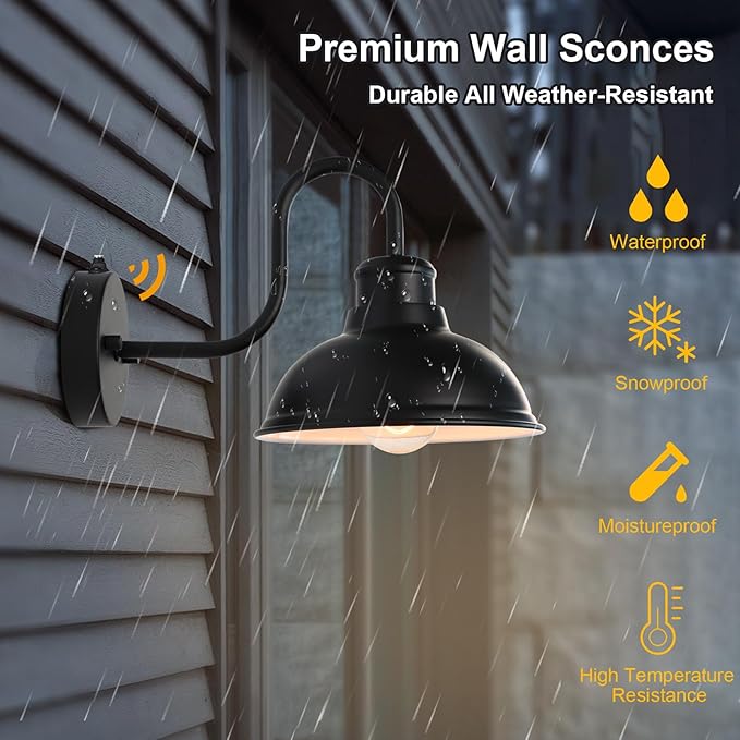 Dusk to Dawn Barn Lights Outdoor Wall Light 8" Exterior Lighting Fixtures | Anti-Rust Waterproof Farmhouse Industrial Vintage Matte Black Wall-Mount for Porch/Garage/Patio Yard ETL Listed