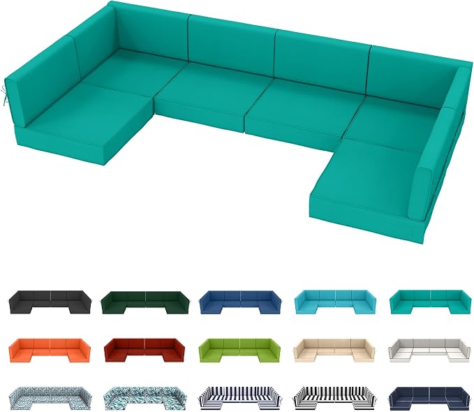 14pc Waterproof Outdoor Couch Cushions for 6 Seat Patio Turquoise | Water-resistant, UV-resistant,14pc High-Density Foam Replacement Cushions for 6-Seat Outdoor Sectional Furniture