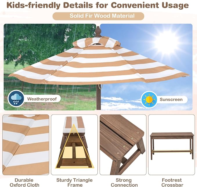 KOTEK Kids Picnic Table with Umbrella Foldable, Backyard Wooden Table & Bench Set w/Removable Cushions, Activity Art Play Table, Indoor Outdoor Toddler Picnic Table for Patio, Lawn & Garden (Brown)