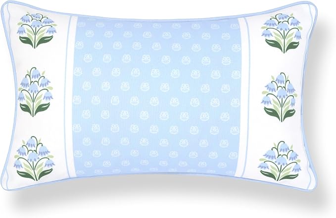 Hofdeco Premium Grandmillennial Coastal Hampton Patio Indoor Outdoor Lumbar Pillow Cover Only, 12"x20" Water Repellent for Backyard, Couch, Poolside, Blue Green Block Print Striped Lily of the Valley
