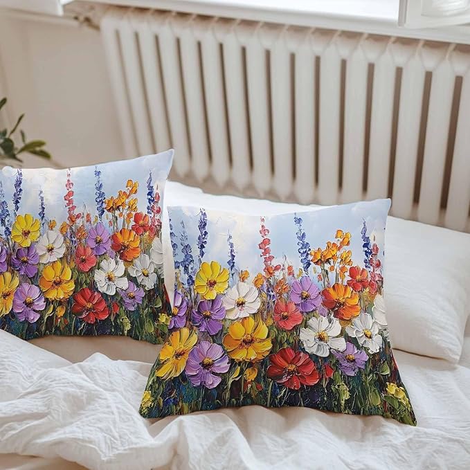 Vintage Wildflowers Waterproof Outdoor Pillow Covers Set of 2 Home Decor, Rustic Oil Painted Abstract Botanical Pillowcase Patio Pillow Covers for Couch Bench Furniture Garden 20x20in