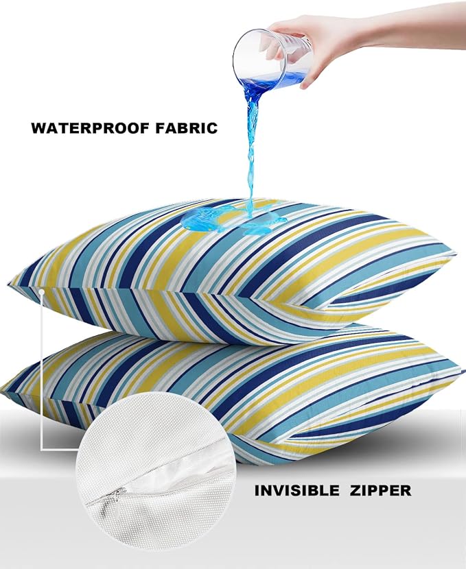 Blue Yellow Striped Outdoor Waterproof Pillow Covers, Farmhouse Navy Blue Ombre Stripes Decorative Square Throw Pillowcase Sofa Cushion Sham for Patio/Couch/Chair, 20"x20" 2 Pack