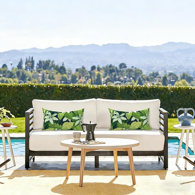 LVTXIII Set of 2 Patio Lumbar Pillows, 12" x 20" Fade Resistant Outdoor Lumbar Pillow with Inners, Fluffy Decorative Garden Lumbar Cushions for Home Patio Coach Sofa Use, Jungle Leaves