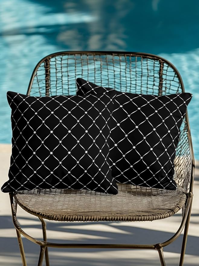 Waterproof Outdoor Pillow Set of 2 Black Grid Plaid Decorative Throw Pillows Cover & Insert 16x16 Inch Pillowcase Diagonally Crossed Lines Pillows for Couch Sofa Bed Patio Furniture Indoor Outdoor