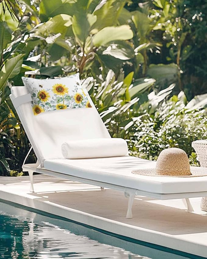 Outdoor Pillows Covers with Inserts Eucalyptus Leaves Sunflowers Bee Flower Waterproof Recliner Pillow with Adjustable Strap Throw Pillows for Patio Furniture Pool Lounge Chair, 11x16 inch, 2PCS
