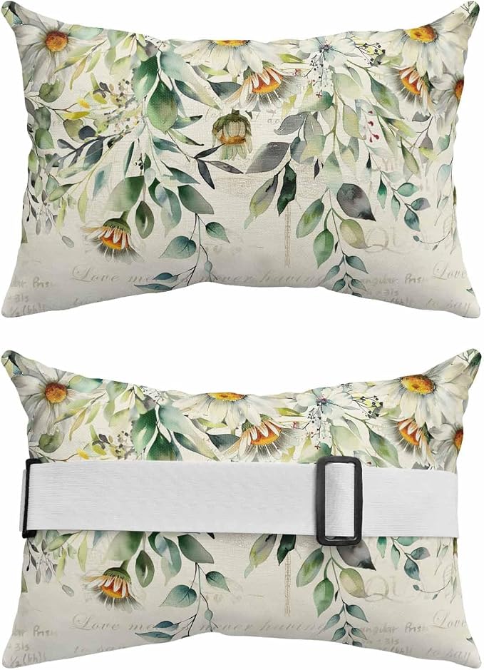 Lumbar Pillow Covers Set of 4, White Daisy Waterproof Outdoor Chaise Lounge Pillow Covers with Elastic Strap, Spring Floral Eucalyptus Leaves Summer Botanical Headrest Pillowcase for Patio, 11 x 16
