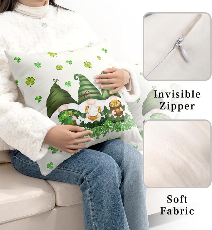 Pack of 2 Saint Patricks Day Decorative Pillow Covers 22x22 Soft Cotton Blend Lucky Charms Gnomes Pillow Cases Spring Shamrocks Cushion Covers for Couch Bed Home Decor
