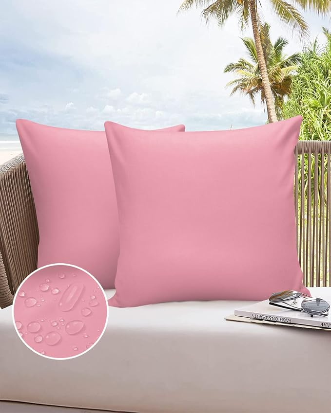 Outdoor Waterproof Pillow Covers for Patio Furniture Pink Decorative Throw Pillow Cover Solid Color Pillowcases Set of 2 Cushion Case for Sofa Couch Chair Home Decor 16x16 inch x 2pcs