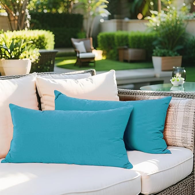 SK Studio Outdoor Water Resistant Throw Pillows, Decorative Patio Lumbar Cushions, Fluffy Furniture Garden Cushions for Home Patio Coach Sofa Use, Pack of 2, Blue, 12x20 Inch