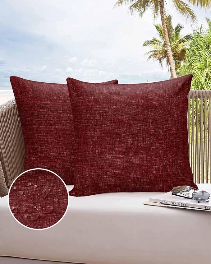 Vandarllin Outdoor Throw Pillows Covers 24x24 inch Set of 2 Waterproof Wine Red Linen Decorative Zippered Cushion Covers for Patio Furniture, Farmhouse Pure Color Lumbar Pillowcases