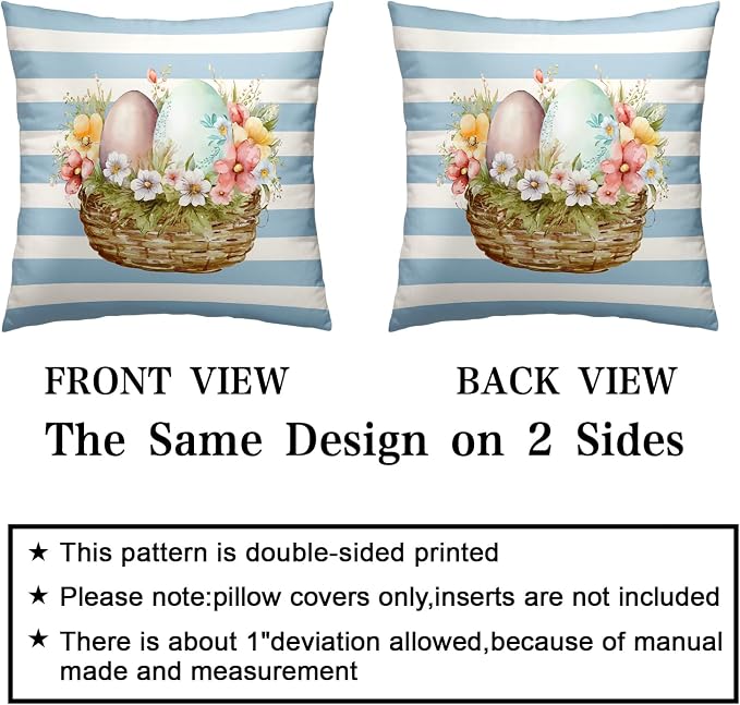 2 Pack Spring Day Stripes Easter Pillows Cases 22x22 Colorful Flowers Rabbit Egg Decorative Throw Pillows Cases Blue and White Pillow Covers Cotton Blend for Indoor Sofa