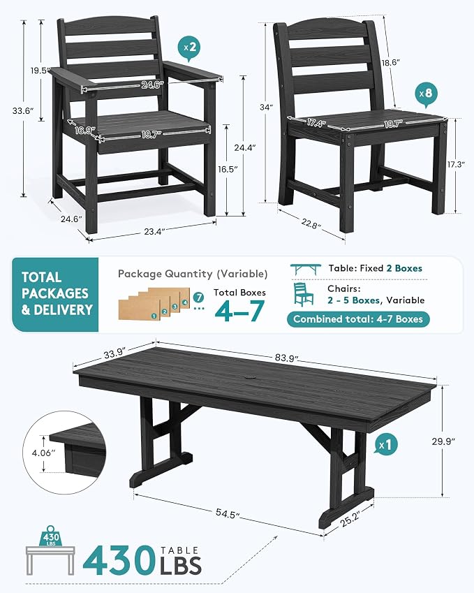 SERWALL 9 Piece Outdoor Dining Set, 84" HDPE Outdoor Table with 6 Armless Chairs and 2 Armchairs ，All Weather Patio Dining Furniture Set with Umbrella Hole for Backyard, Garden, Black