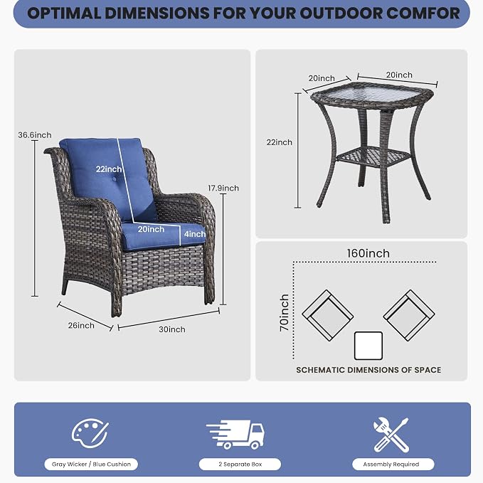 Belord Patio Chairs Outdoor Furniture Set, 3 Peices Porch Wicker Furniture with Side Table, Deep Seating Patio Bistro Chair Sets (Blue Cushion)