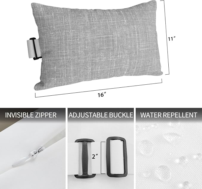 Outdoor Lumbar Pillow Set of 2, Grey Waterproof Beach Headrest Pillow with Inserts, Farmhouse Vintage Gray Solid Color Modern Recliner Throw Pillows for Patio Furniture, 12 x 20