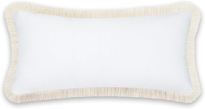 Hofdeco Premium Coastal Patio Indoor Outdoor Long Lumbar Pillow Cover Only, 12"x26" Water Repellent for Backyard, Couch, White Solid with Fringe