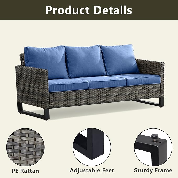 Luxury Wicker Outdoor Couch Patio Sofa - 3 Seater Rattan Outdoor Patio Couch Water Resistant,Comfortable Cushions and Sturdy Metal Frame for Outside Porch Deck Backyard Garden(Mixed Grey/Blue)