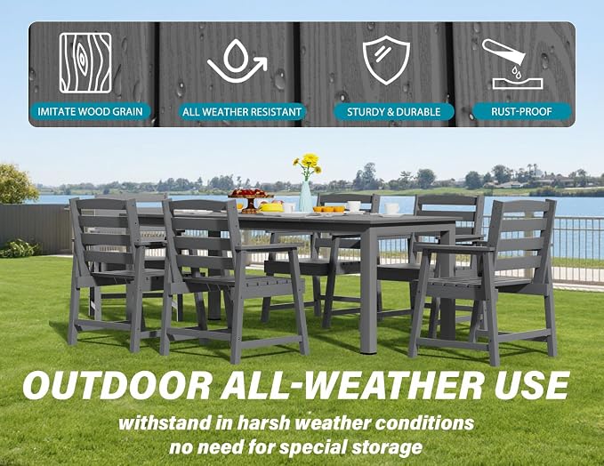 Ayge 9-Piece Outdoor Dining Set – HDPE Patio Furniture for 8 with 2" Hole Cut-Out Table & 8 Chairs, Perfect for Pool, Patio, Garden, Gray