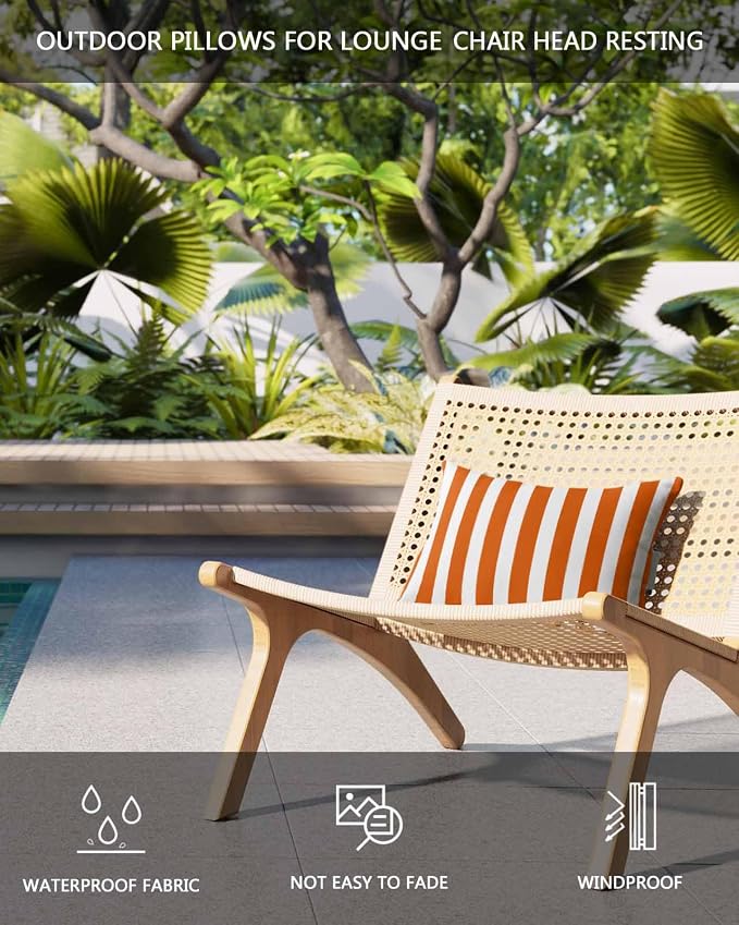 DecorLovee Burnt Orange Striped Outdoor Recliner Pillows for Head, Thanksgiving Waterproof Chair Pillow with Elastic Stripe, Farmhouse Orange Stripes Chaise Lounge Pillow for Patio/Pool 2Pack, 11"x16"