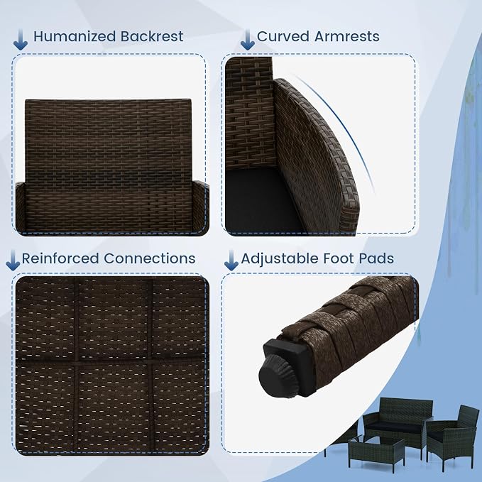 HAPPYGRILL 4 Pieces Outdoor Rattan Conversation Set, Patio Wicker Furniture Set with Loveseat Chairs & Tempered Glass Coffee Table, Outside Sectional Sofa Set for Backyard Garden & Poolside