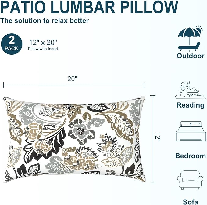DYTXIII Pack of 2 Waterproof Outdoor Lumbar Pillow with Inserts, 12x20 in Rectangle Decorative Patio Throw Pillow for Home, Sofa,Bench and Patio Furniture, Dailey Tan