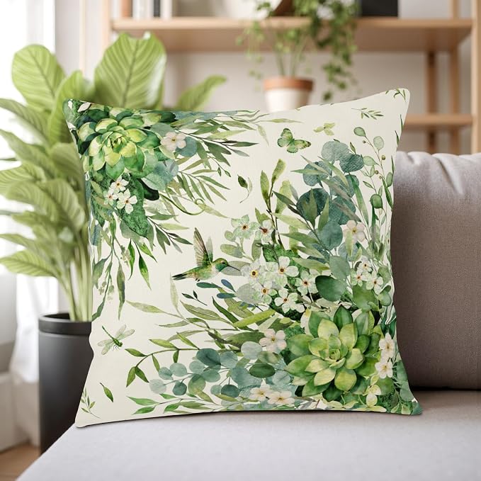 Eucalyptus Throw Pillow Covers 20x20 Watercolor Leaf Pillow Cases Greenery Sage Leaf White Floral Pillow Covers Spring Hummingbird Green Cushion Case for Bedroom Living Room 2Pcs