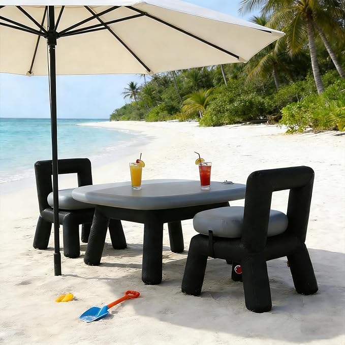 PlayDo Air Chair and Table Portable Blow Up Picnic Table Inflatable Camp Seats with Back Durable Camping Outdoor Furniture Lightweight Waterproof Stool with Back Support (Table)