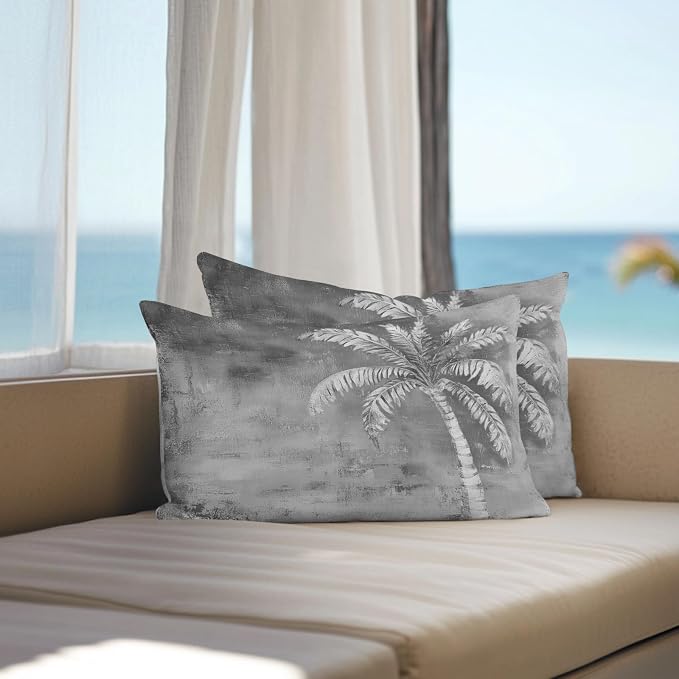 Coastal Beach Tree Grey Outdoor Waterproof Pillow Covers, Vintage Summer Palm Tropical Botanical Decorative Rectangle Throw Pillowcase Sofa Cushion Sham for Patio/Couch/Chair, 20"x12" 2 Pack