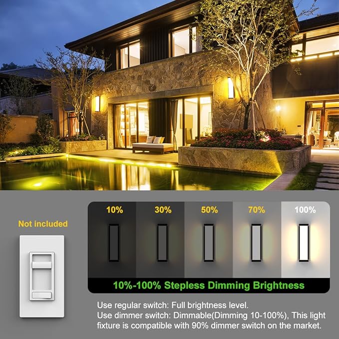10%-100% Dimming LED Modern Outdoor Wall Light, 16in 3000K Dimmable Porch & Patio Wall Light Fixture,Black Aluminum&Dual PC Wall Lights Suitable for Garage Living Room Courtyard House(3000K)