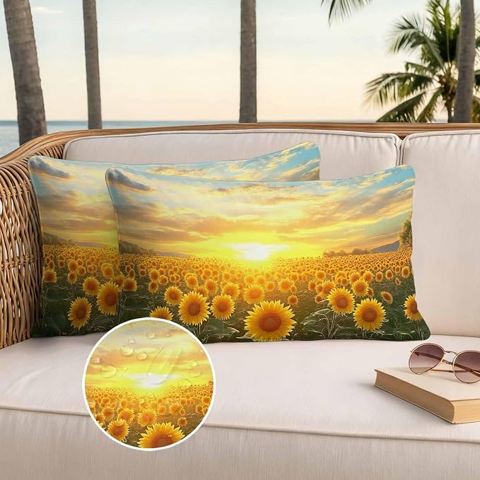 Yellow Sunflowers Waterproof Outdoor Pillow Covers Set of 2 Home Decor, Farmhouse Botanical Floral Sunset Pillowcase Patio Pillow Covers for Couch Bench Furniture Garden 20x12in