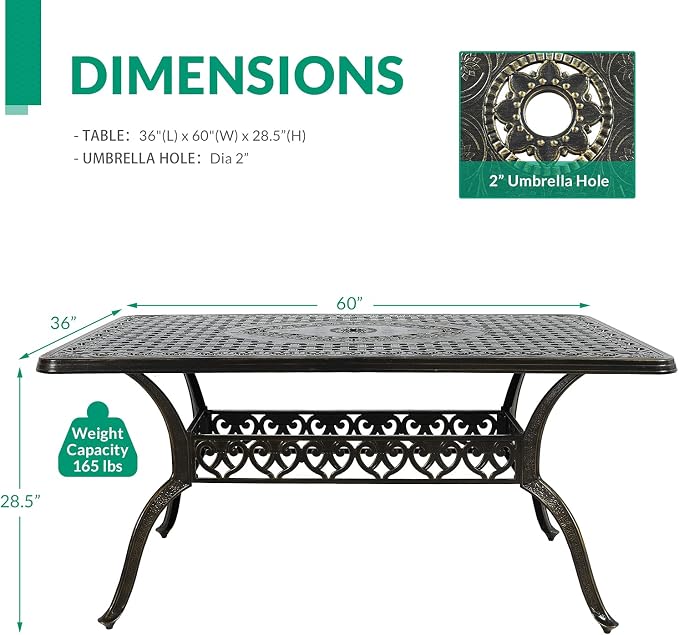 VIVIJASON Outdoor Patio Dining Rectangle Table Bronze Cast Aluminum Rustic Large Patio Table with Umbrella Hole