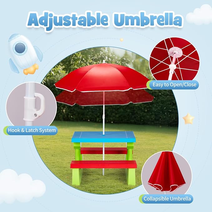 Kids Table and Chair Set, Toddler Plastic Outdoor Table & Bench Set with Removable Umbrella, Children Picnic Table Fits 4 Children for Backyard Garden, Red & Green & Blue