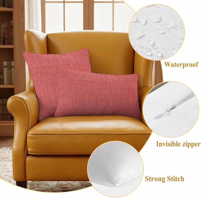 Outdoor Waterproof Throw Pillow Covers Set of 2 Coral Red Linen Pillowcases 24x24 Inches Farmhouse Pure Color Decorative Pillows Cushion Case Patio Pillows for Couch Bed Chair Garden