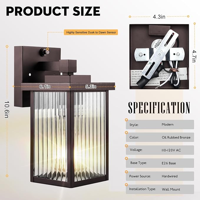 Bronze Dusk to Dawn Wall Mount Porch Lights, Exterior Light Fixtures | Auto On and Off, Anti-Rust Metal Frame, Tempered Glass, E26 Socket, Easy DIY Install on Porch, Garage