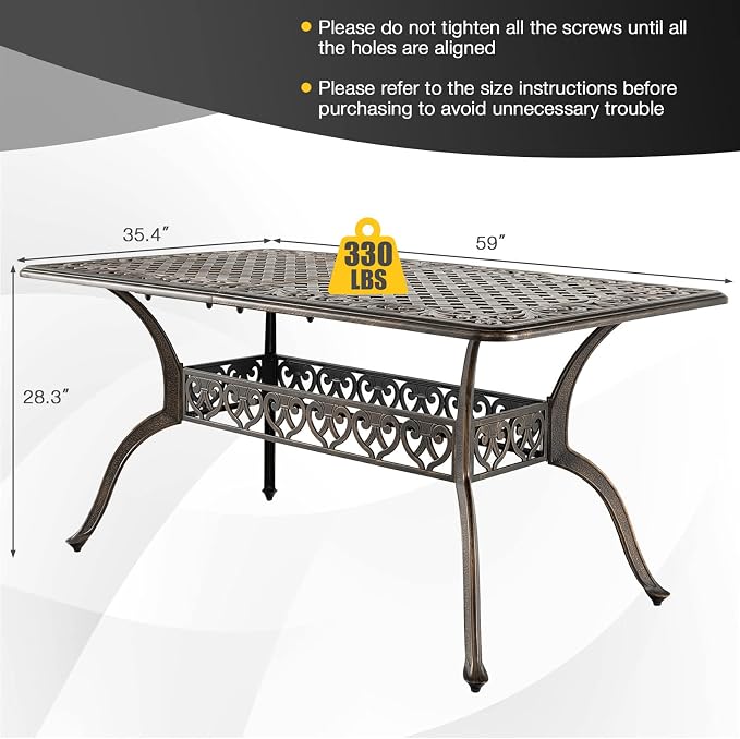 Tangkula 59 Inches Outdoor Dining Table, All-Weather Cast Aluminum Table with Umbrella Hole, 6-8 Person Rectangular Dining Table for Garden, Backyard and Poolside (Bronze)