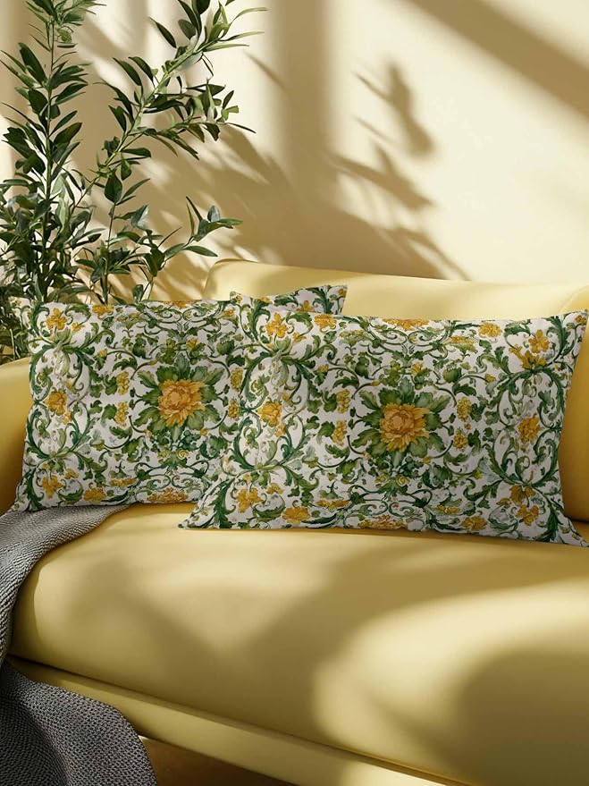 Outdoor Pillows with Inserts Set of 2 12x20, Yellow Green Boho Waterproof Outdoor/Indoor Throw Pillows, Classic Floral Farmhouse Botanical Decorative Pillow for Bed Couch Sofa Patio Furniture