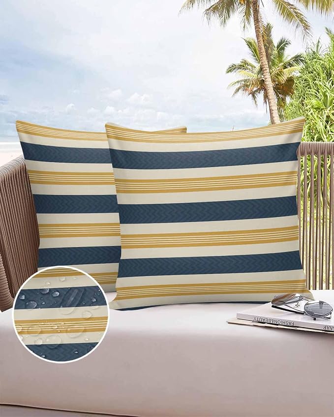 Vandarllin Outdoor Throw Pillows Covers 24x24 inch Set of 2 Waterproof Navy Blue Stripes Lines Decorative Zippered Cushion Covers for Patio Furniture, Yellow Classic Striped Lumbar Pillowcases